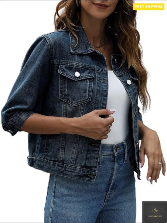 Jackets & Blazers - Cropped Denim Jacket 3/4 Sleeve Button Down Classic Trucker Coat